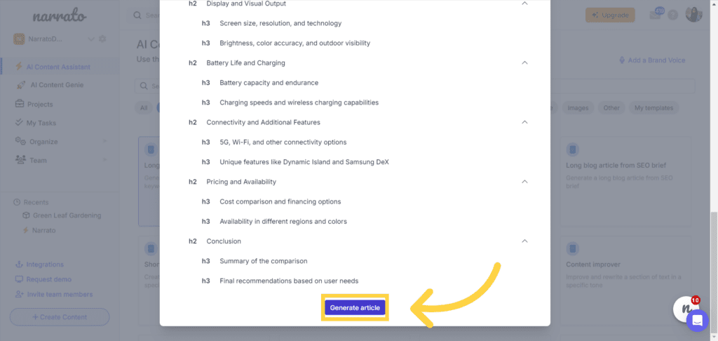 AI for product comparison articles on Narrato - long blog article generator