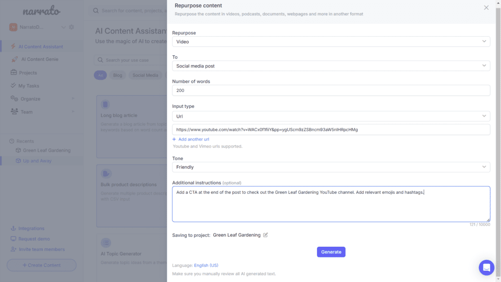 AI content repurposing tools on Narrato - Video to social  media post