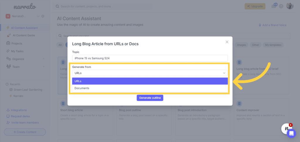 AI for product comparison articles on Narrato - long blog article generator