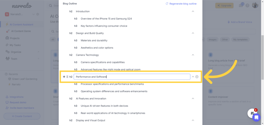 AI for product comparison articles on Narrato - long blog article generator