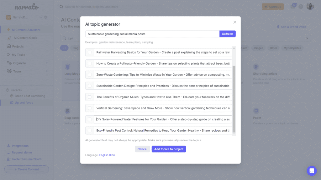 Automate social media posts planning with AI on Narrato