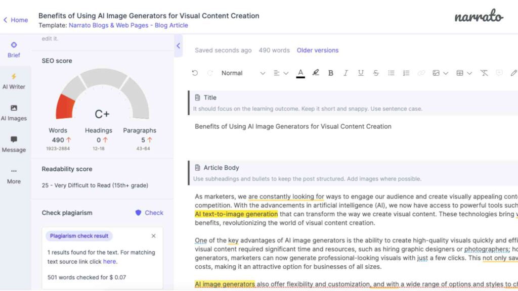 Content Writing Tools for SEO: Narrato plagiarism checker