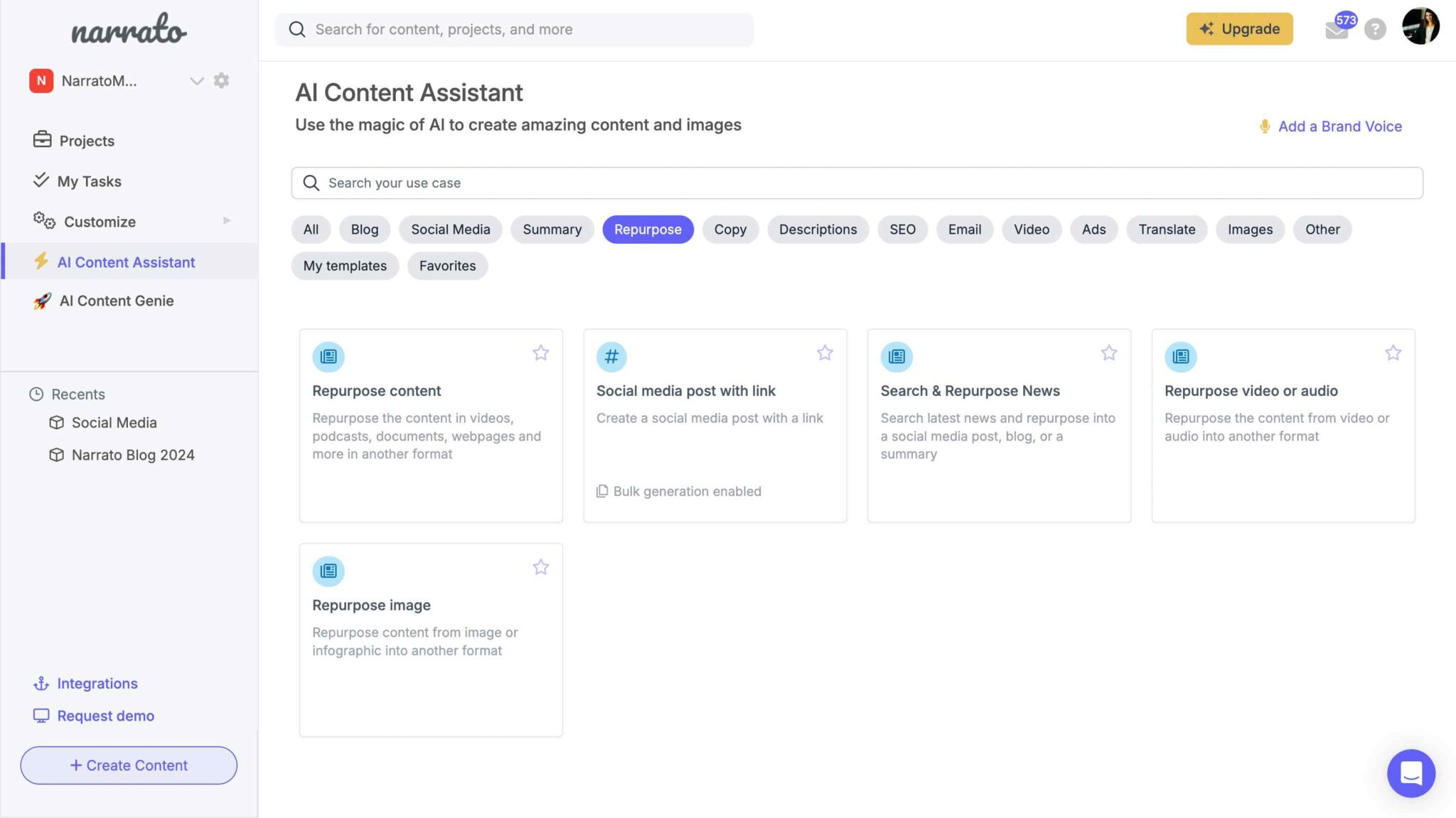 Narrato AI content repurposing tools