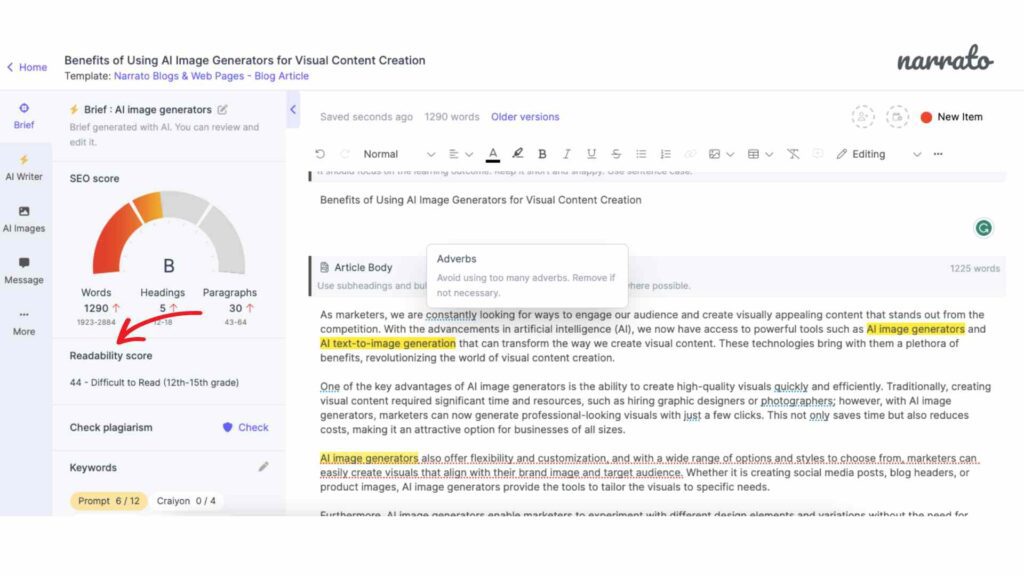 Content Writing Tools for SEO - Narrato Readability score