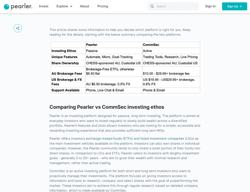 Pearler content marketing case study - product comparisons