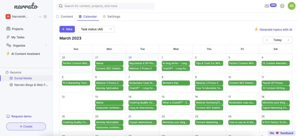 Narrato’s Content Calendar