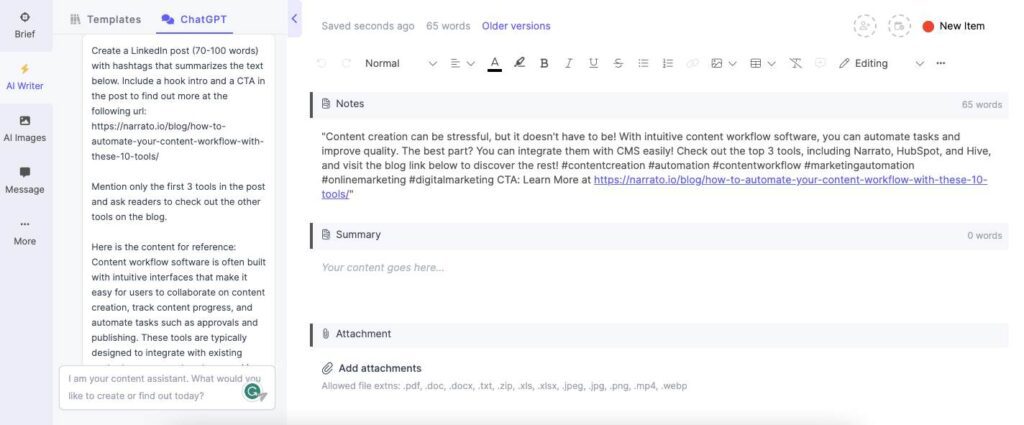 Repurposing blog posts into social media content using Narrato’s AI Chat