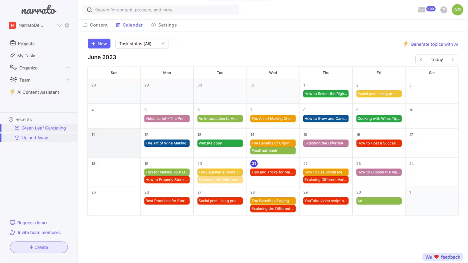 Social media calendar on Narrato