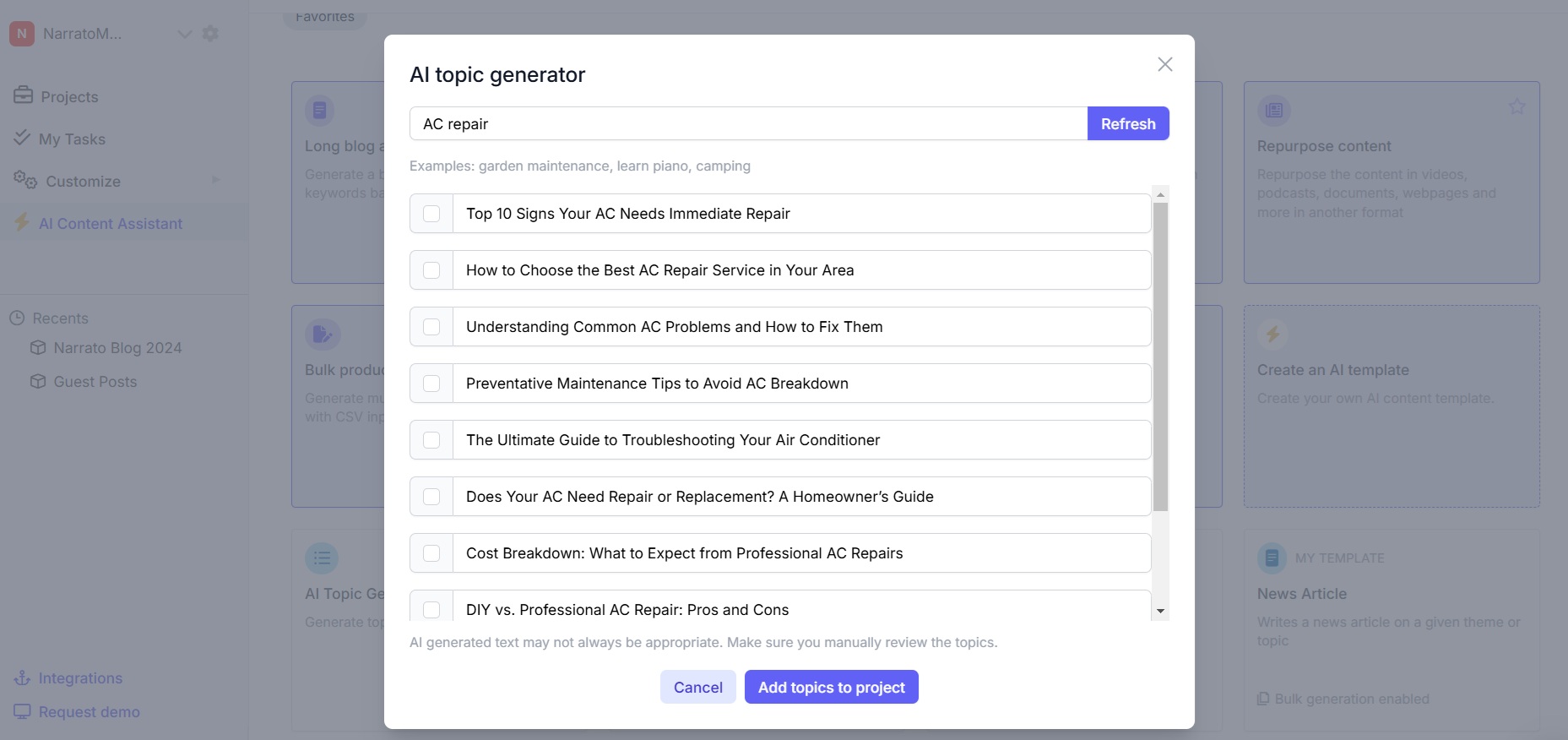 Narrato AI topic generator