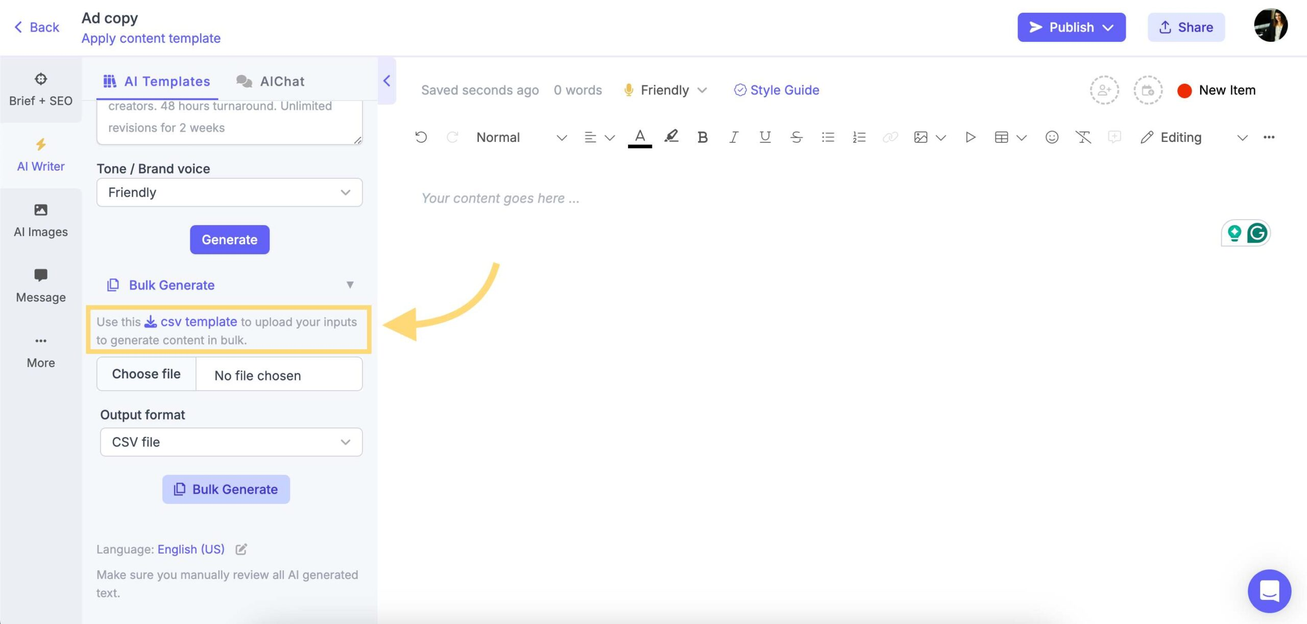 CSV template for adding inputs