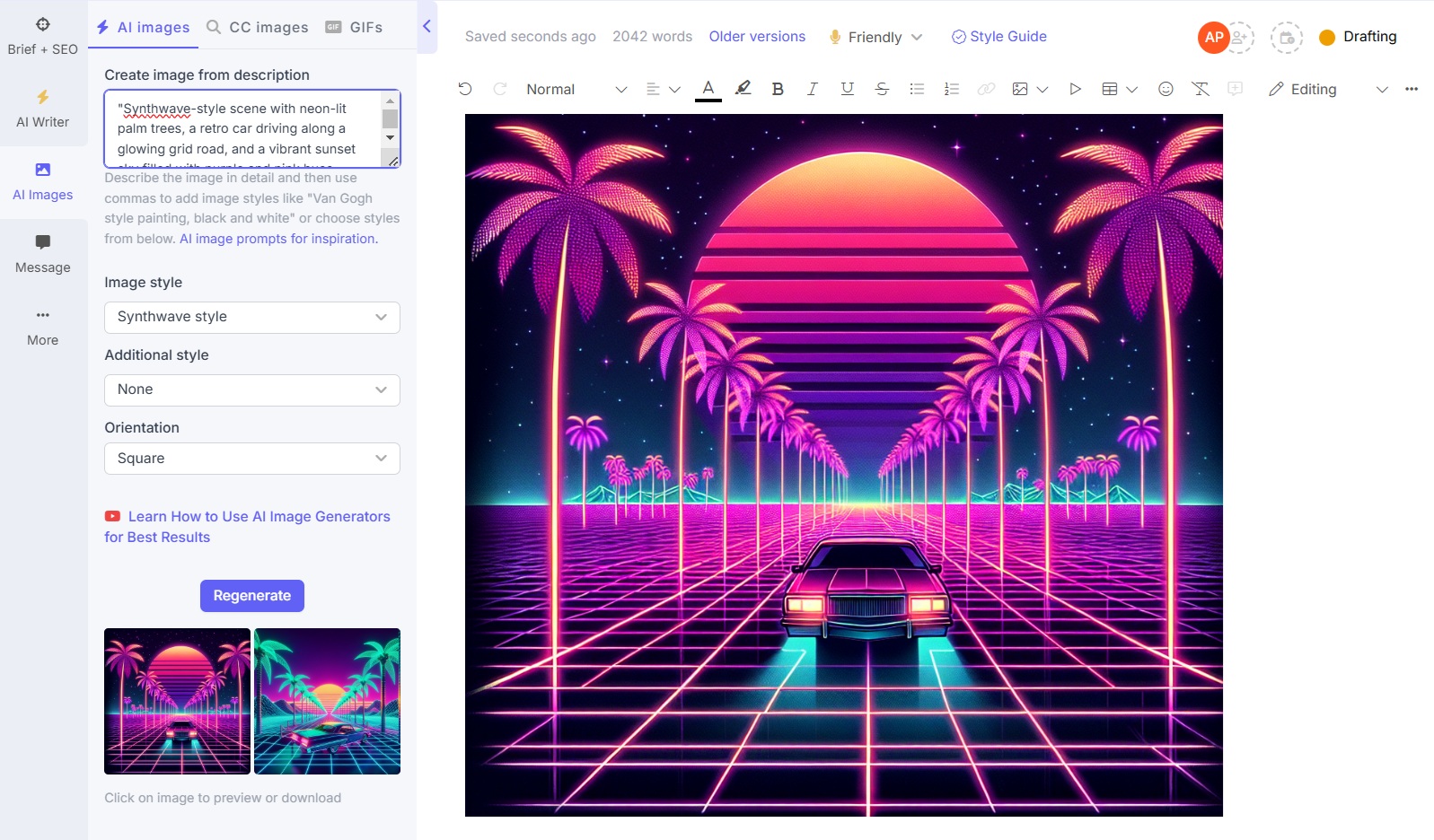 AI image generated by Narrato. Synthwave style scene with neo-lit palm trees and a retro car driving along a glowing grid road. 