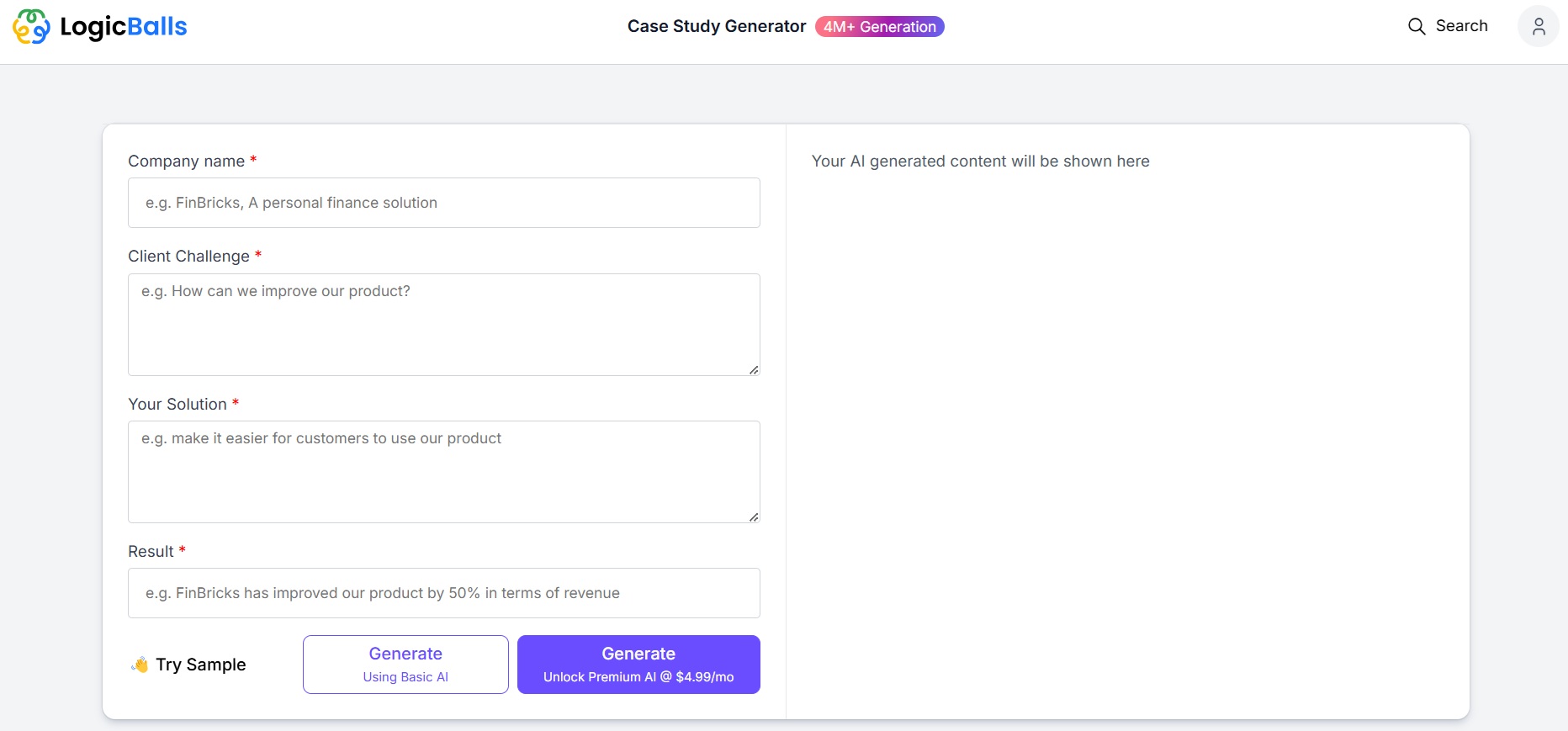 LogicBalls AI case study generator