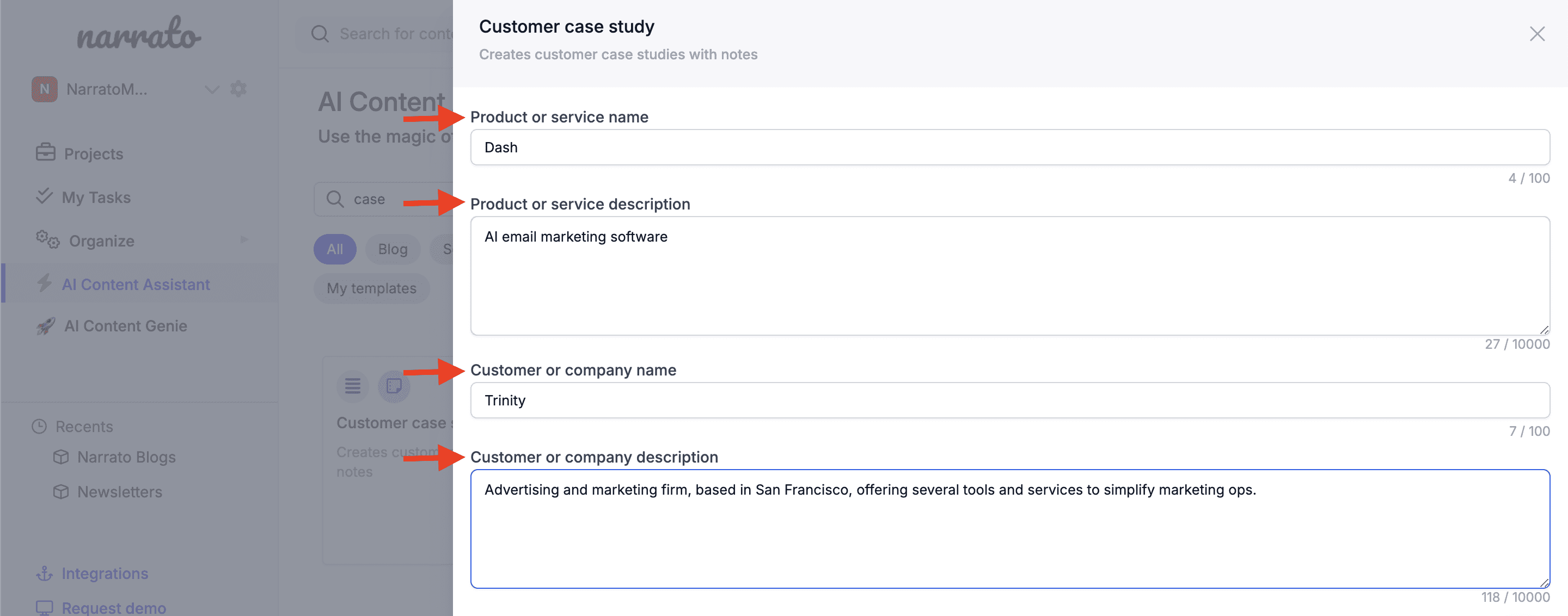 How to write a case study - Add company and product/service info in Narrato’s AI case study generator