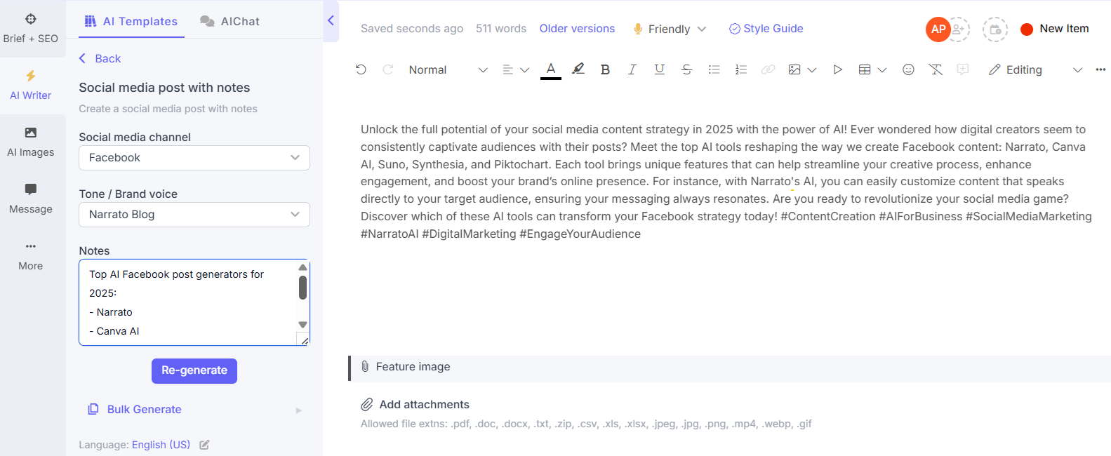 Narrato AI Facebook post generator