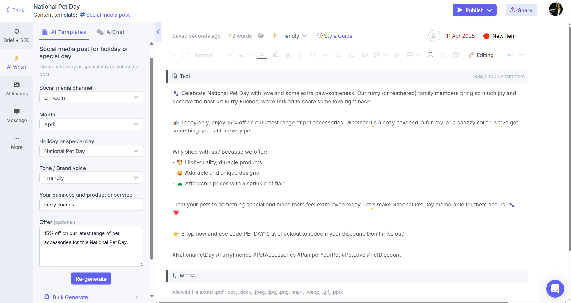 Narrato AI social media holiday post generator