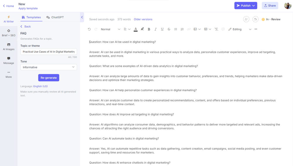 AI FAQ generator on Narrato