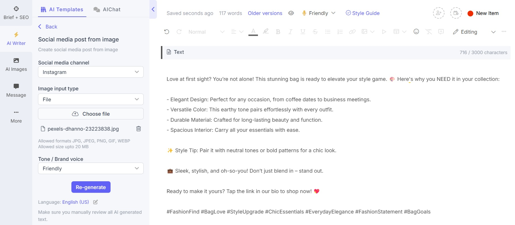 AI photo to text tools on Narrato