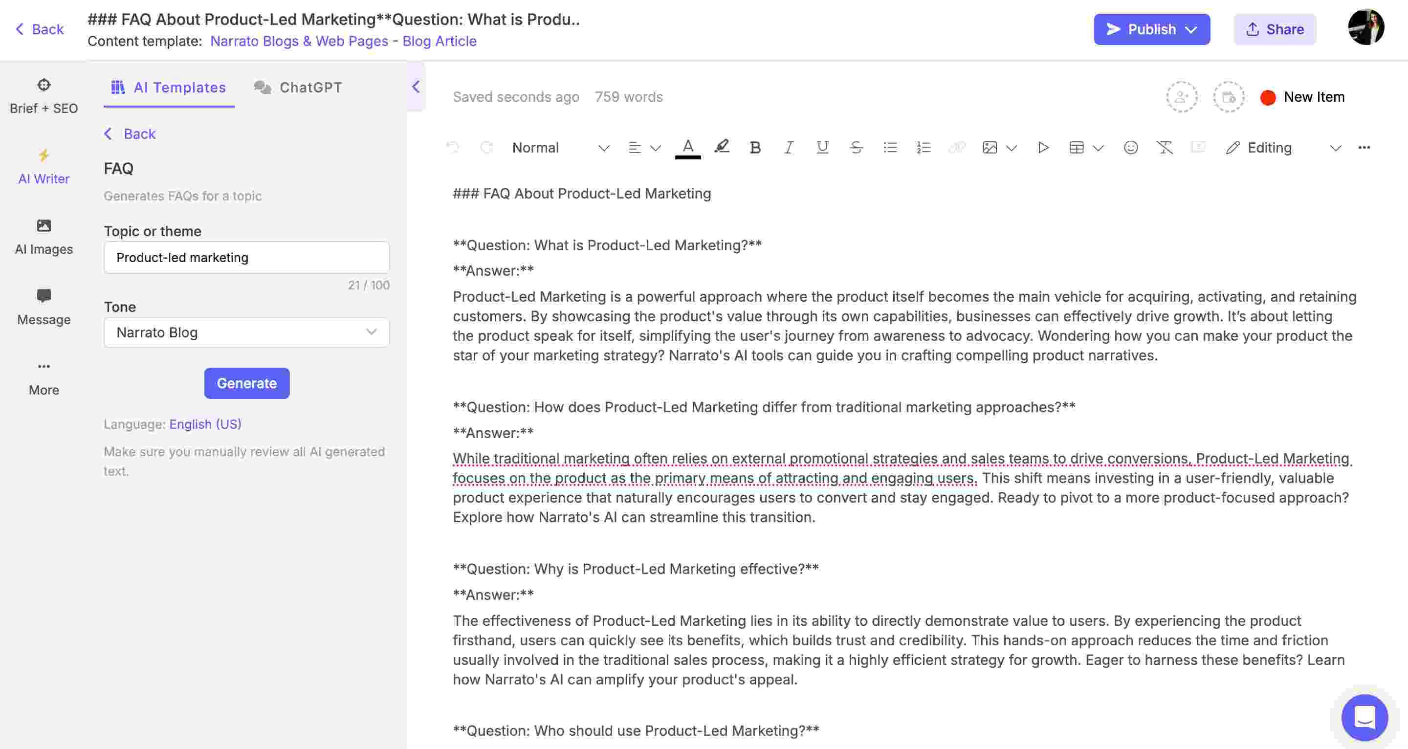 writing for SEO optimization with Narrato AI FAQ generator