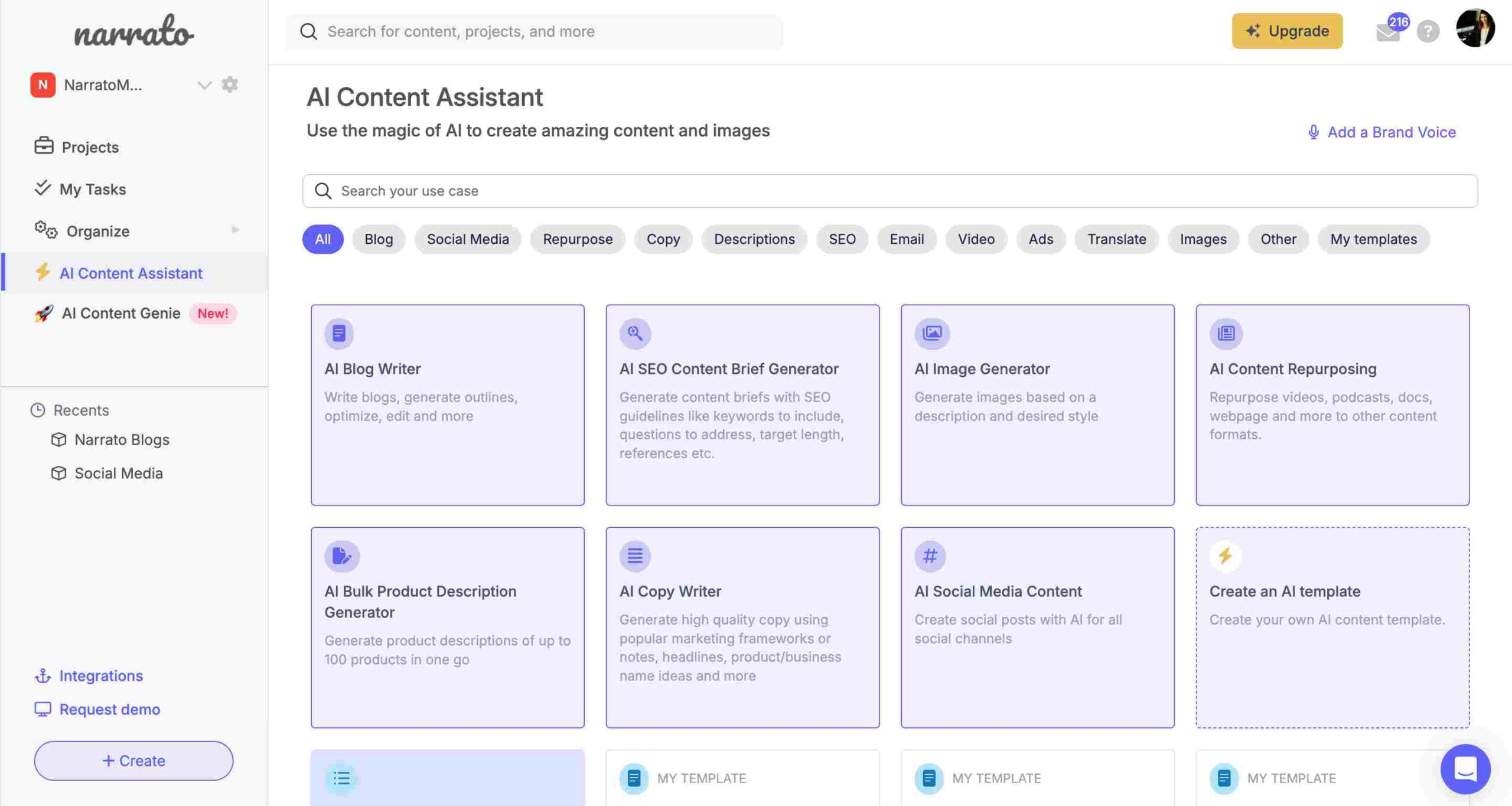 Narrato AI content assistant templates